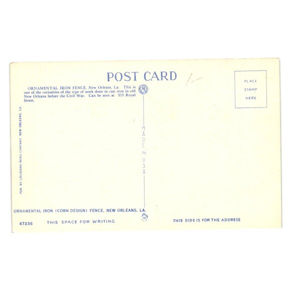 Ornamental Iron Fence Corn Design Postcard New Orleans Vintage Louisiana News Co - Picture 2 of 2